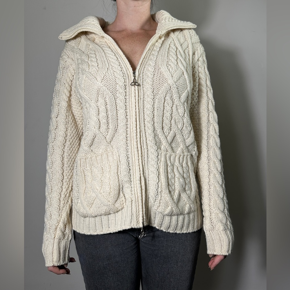 Aran Crafts 100% Merino Wool Bohemian Cottagecore Zip Front Cardigan Size XS